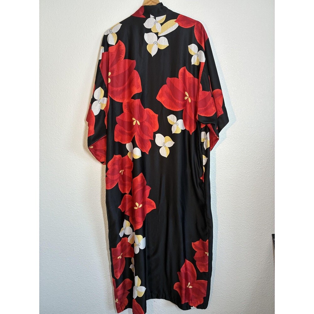 Natori Ginza Long Kimono Robe Womens One Size Black Satin Red Floral Lounge - Picture 3 of 15